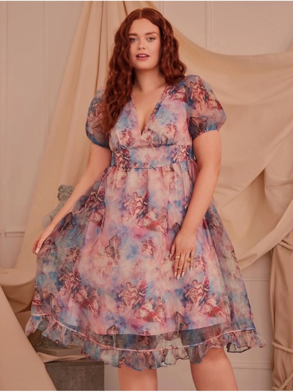 SHEIN Pink Blue Watercolor V-Neck Puff Sleeve Midi Dress